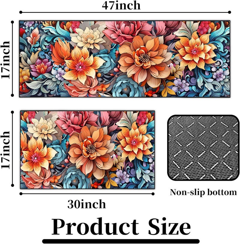 UYDOXCU Colorful Flower Kitchen Rug 2 Piece Set, Boho Decor Kitchen Floor Mat, Non-Slip Absorbent and Washable Home Decoration Carpet 17 * 30+17 * 47 Inches - Image 2